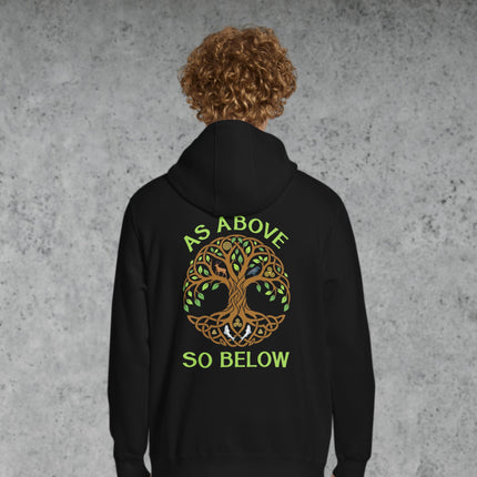 Yggdrasil Tree of Life Celtic pagan back print on black hoodie, featuring "As Above So Below" design.