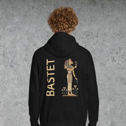 Bastet Egyptian cat goddess back print on pullover hoodie featuring ancient mythology art.
