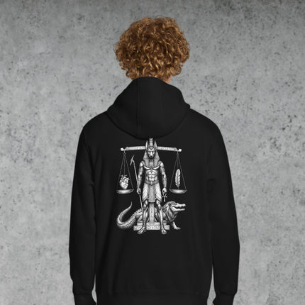 Anubis heart weighing scale design on an Egyptian pullover hoodie print.
