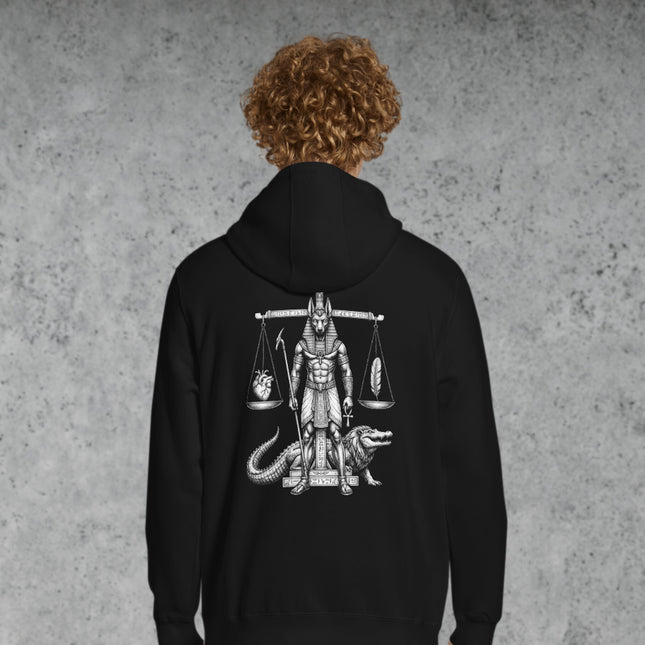 Anubis Weighing of Heart & Feather Scale Back Print Hoodie | Egyptian Pullover