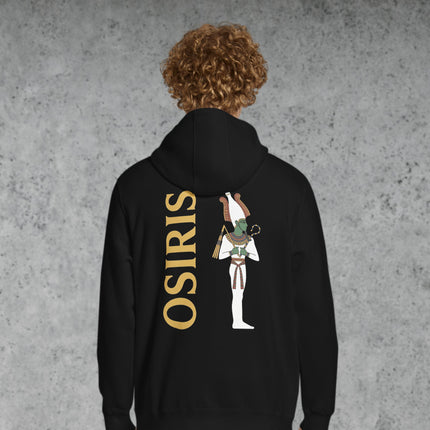 Osiris Egyptian god print hoodie featuring ancient mythology artwork on the back.
