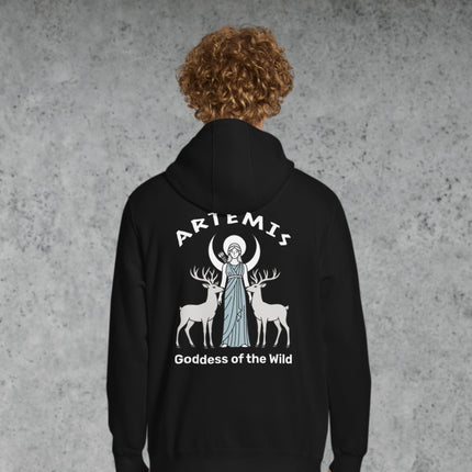 Artemis goddess hoodie featuring wild deer, crescent moon, and Greek myth back print design.