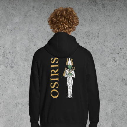 Osiris Egyptian god back print hoodie featuring ancient mythology artwork.