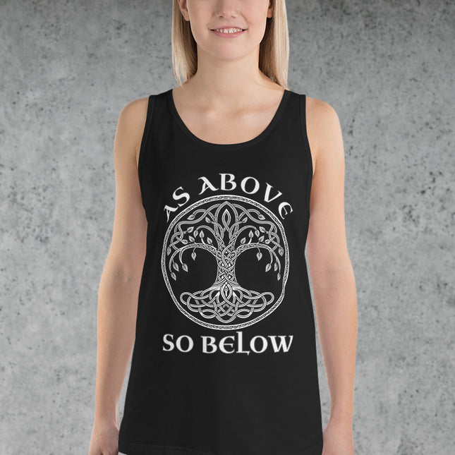 Celtic Tree of Life graphic with "As Above So Below" text on a mystical unisex tank top.