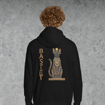 Bastet Egyptian cat goddess back print hoodie featuring ancient Egypt mythology design.