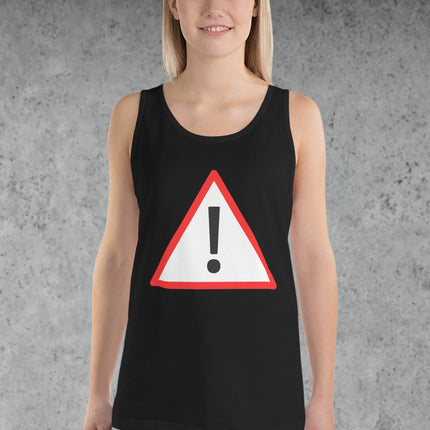 Warning symbol exclamation mark tank top graphic tee featuring a danger warning sign.