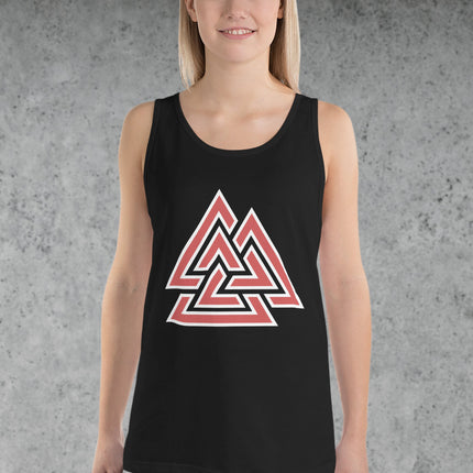 Red Valknut Norse Mythology tank top featuring the Viking symbol print on a unisex shirt.
