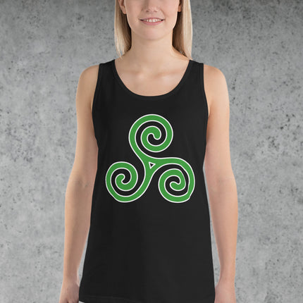 Celtic triskelion symbol printed on a unisex Irish style tank top featuring triple spirals.