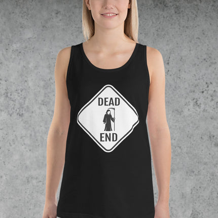 Dead End Grim Reaper tank top featuring a death warning road sign graphic design.