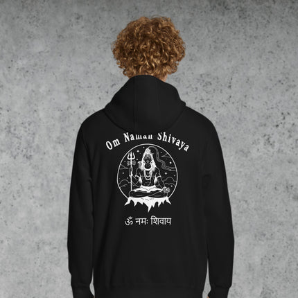 Om Namah Shivaya Lord Shiva mantra printed hoodie pullover fleece with Hindu spiritual back design.