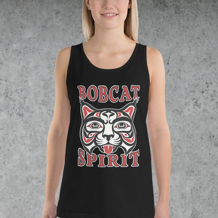 Red bobcat face graphic tank top featuring Indigenous Native American spirit art design.