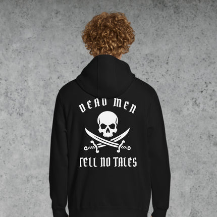 Pirate skull and sword graphic print on a black hoodie, featuring a dead men tell no tales design.