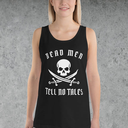 Pirate skull graphic with crossed swords printed on a black tank top shirt.