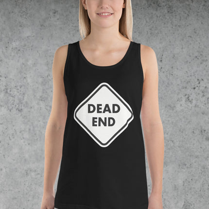 Dead end road sign graphic tank top featuring a warning symbol design.