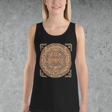Mayan calendar glyphs and Mesoamerican art graphic print on a vintage-style tank top shirt.