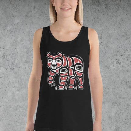 Formline Bear Indigenous Art tank top featuring a striking graphic design in red, black, and white.