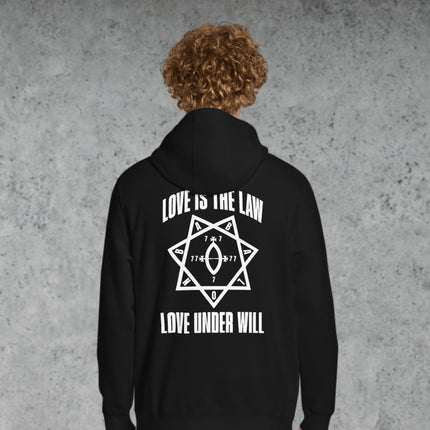 Love Is The Law Love Under Will Thelema graphic on black pullover hoodie back print.