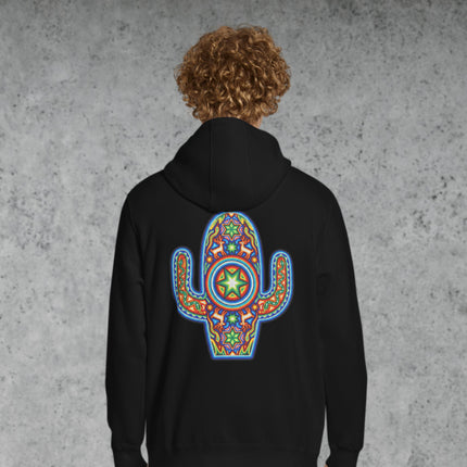 Colorful Huichol cactus art back print on a Mexican indigenous style pullover hoodie.