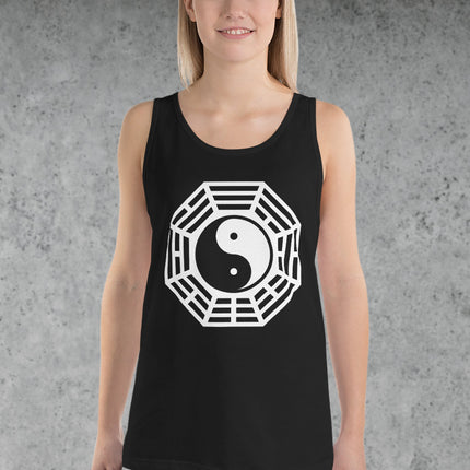 Yin Yang Taijitu symbol tank top featuring Bagua and Taoist balance designs.