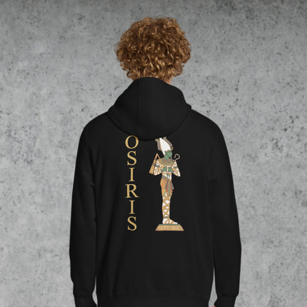 Osiris Egyptian god print on a pullover hoodie featuring ancient mythology art.