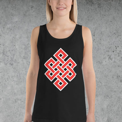 Red endless knot buddhist symbol graphic tank top shirt print.
