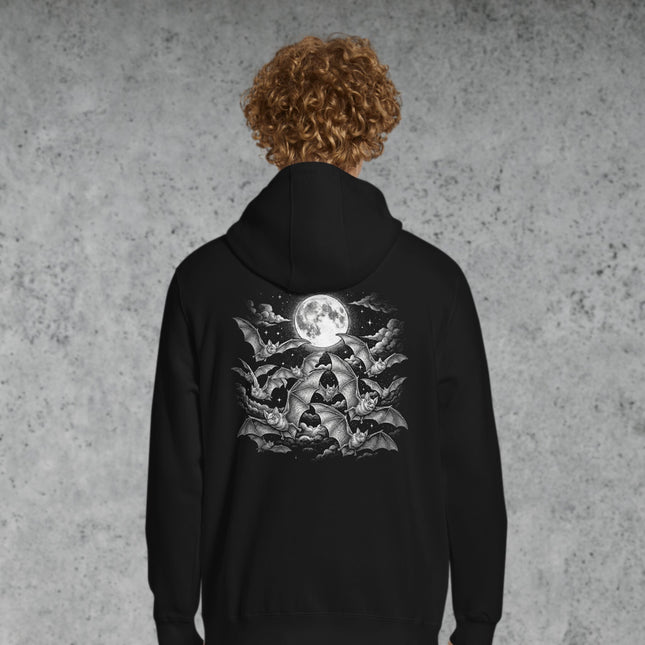 Gothic Flying Bats Moon Back Print Hoodie | Night Sky Graphic Pullover Fleece
