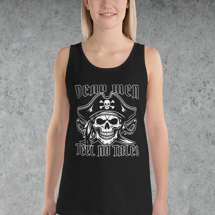Dead Men Tell No Tales pirate skull tank top graphic featuring swords and bones design.