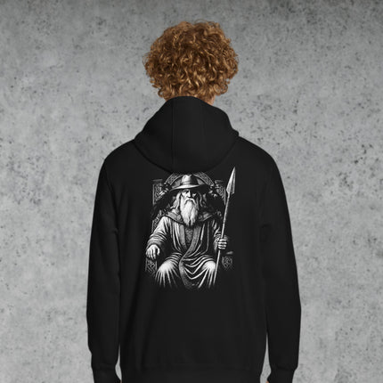 Odin god illustration with ravens and spear, featuring Norse Viking mythology art print on a pullover hoodie.