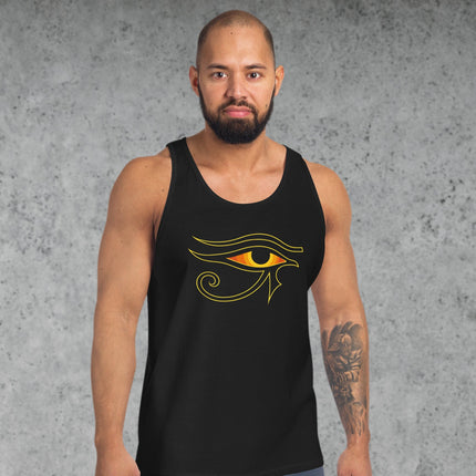 Ancient Egyptian Eye of Ra graphic tank top shirt featuring mythology symbols.