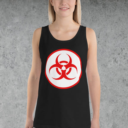 Red biohazard warning symbol tank top with danger science graphic print.
