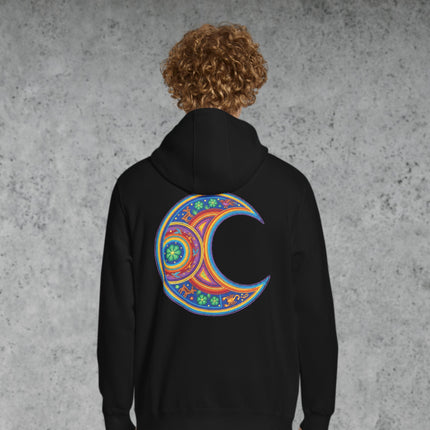 Colorful Huichol mandala moon print on a spiritual pullover hoodie back design.