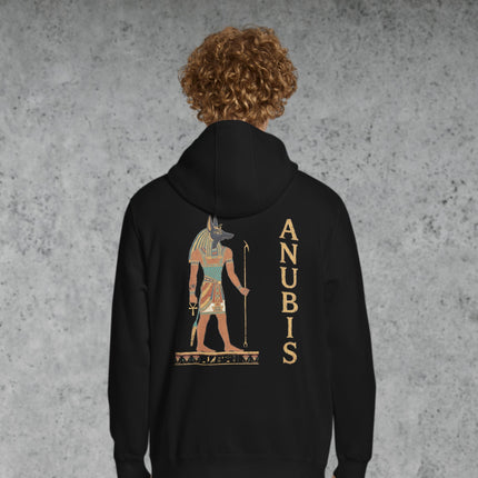 Anubis jackal god back print hoodie featuring Egyptian mythology design.