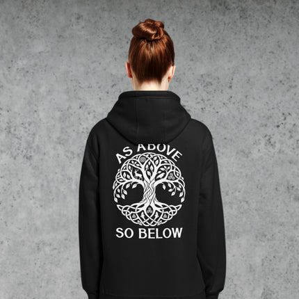 Celtic Knot Tree of Life graphic print on a pullover hoodie, featuring the As Above So Below design.