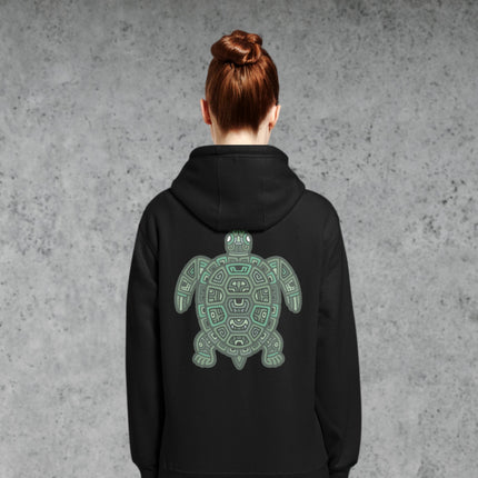 Geometric tribal sea turtle art pullover hoodie with detailed back graphic print.