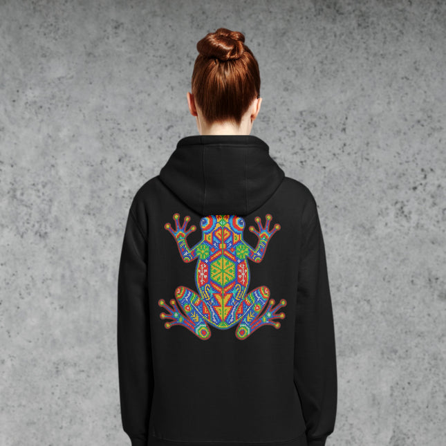 Huichol Frog Back Print Hoodie | Colorful Geometric Indigenous Pullover Hoodie