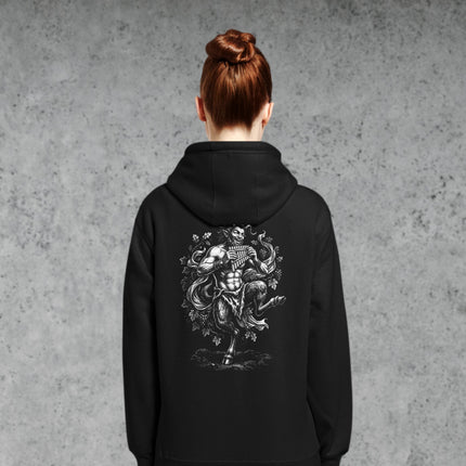 Greek satyr with dancing pan flute print on pullover hoodie back design.