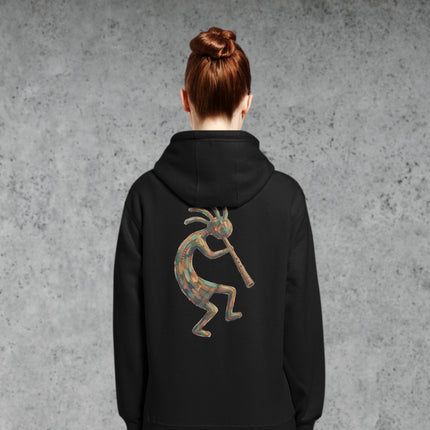 Southwestern kokopelli flute player graphic print on colorful pullover hoodie.