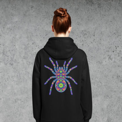 Colorful Huichol tarantula back print on a Mexican folk art hoodie pullover.