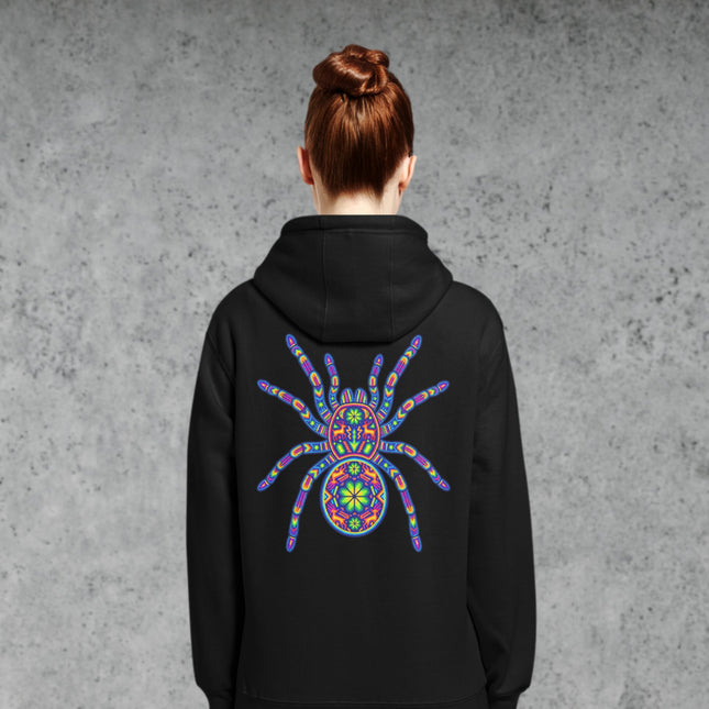Colorful Huichol Tarantula Back Print Hoodie | Mexican Folk Art Spider Pullover