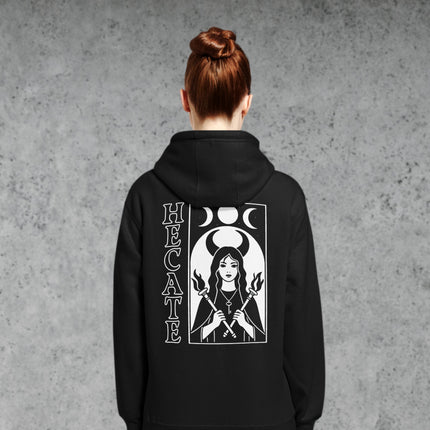 Hecate triple moon goddess back print witchy occult pullover hoodie design.