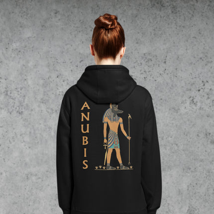 Anubis Egyptian god print hoodie featuring ancient mythology design on the back.
