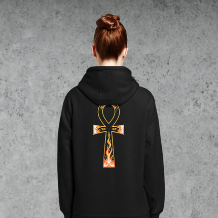 Ankh and flame graphic back print on a black pullover hoodie featuring the Egyptian life symbol.