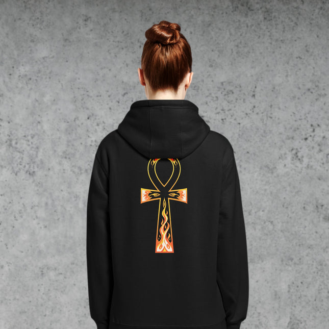 Ankh Flame Back Print Hoodie | Egyptian Life Symbol Graphic Pullover Fleece