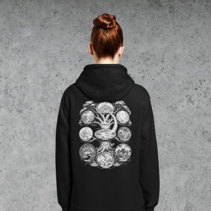 Yggdrasil World Tree graphic printed on a Norse mythology pullover hoodie back print.