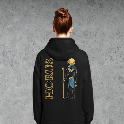 Horus Egyptian god back print hoodie featuring a detailed falcon and sun mythological design.