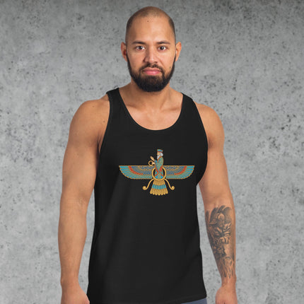 Zoroastrian Faravahar symbol tank top with Persian heritage graphic print.