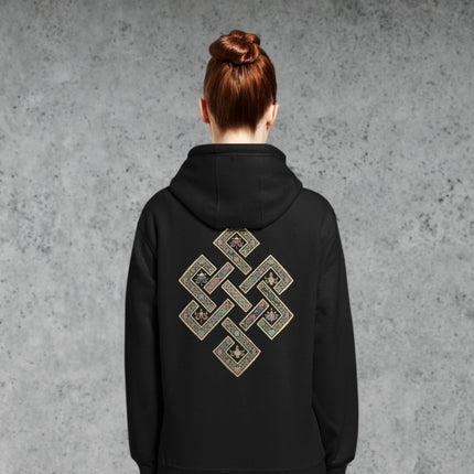 Golden endless knot hoodie featuring a Tibetan Buddhist symbol print on the back.