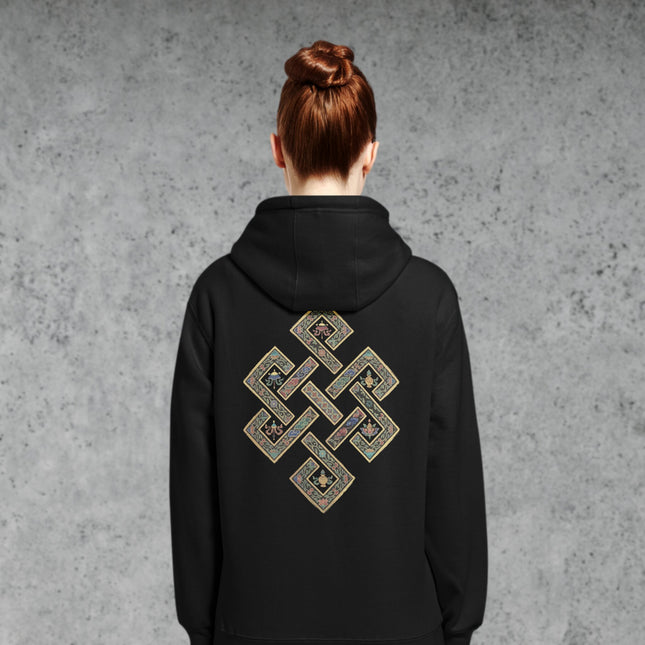 Golden Endless Knot Back Print Hoodie | Tibetan Buddhist Symbol Pullover Hoodie