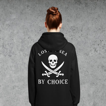 Jolly Roger skull and crossbones graphic printed on the back of a pullover hoodie.