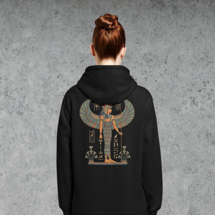 Isis Egyptian goddess print hoodie featuring ancient mythology artwork on the back.